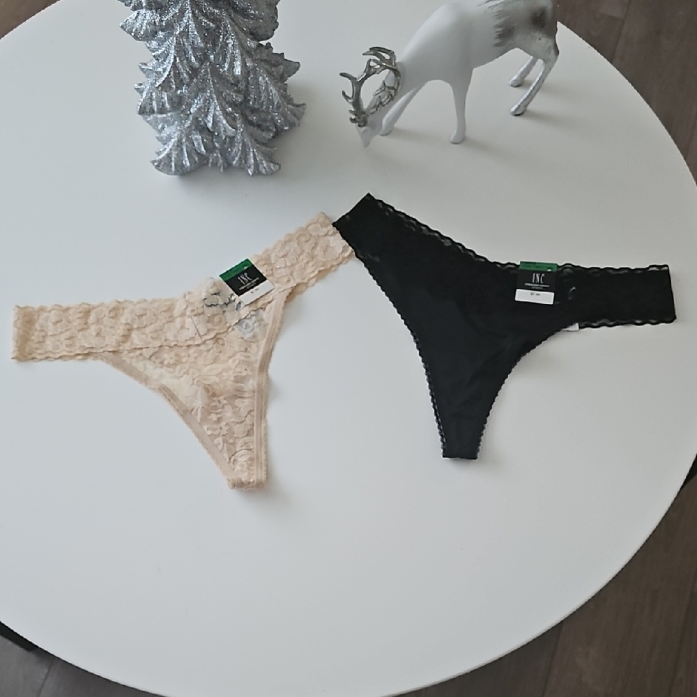 INC International Concepts Black And Cream Lace Thong Set Of 2